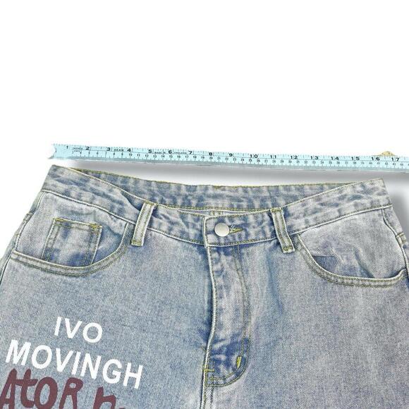 Painted Distressed Light Wash Denim Jeans Unique Art Graphic Ripped High Waist - Picture 4 of 7